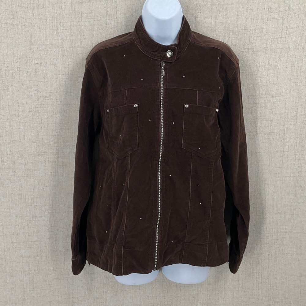 Quacker Factory‎ Jacket Womens S Brown Cotton Corduroy Rhinestone Zip Western